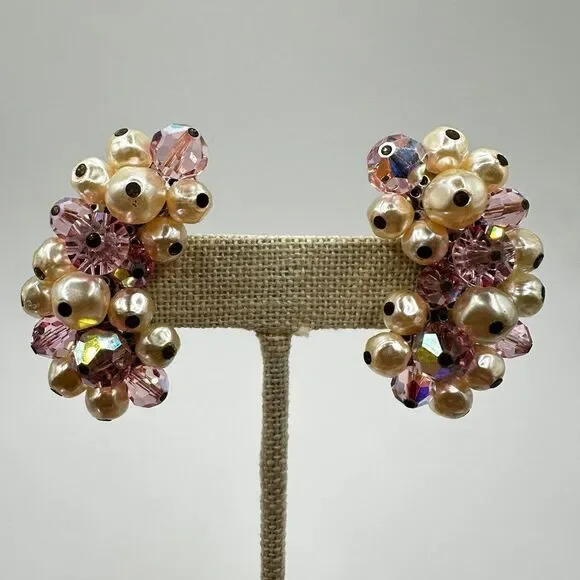 Vintage Laguna Pink Aurora Borealis crystal and Faux Pearl clip on earrings!
